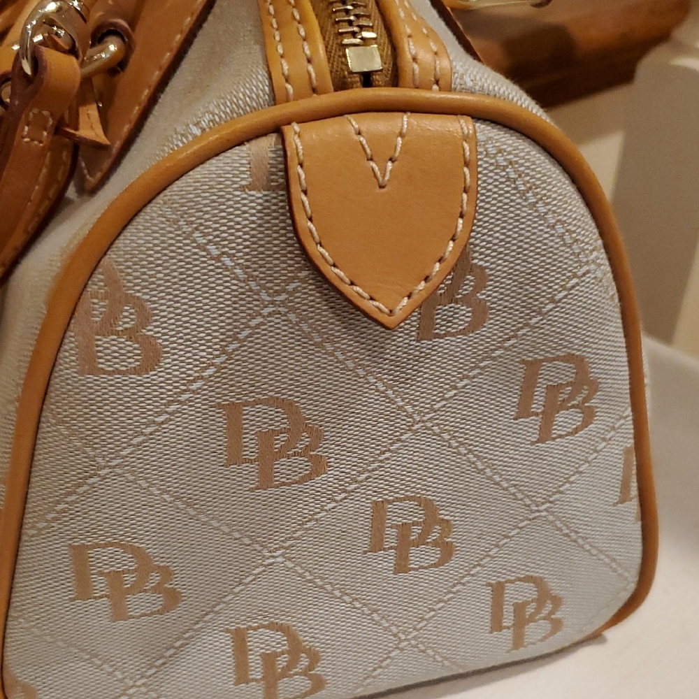 Dooney & Bourke Tassel Tan and Blue Domed Two Handle Satchel Bag - Picture 6 of 15